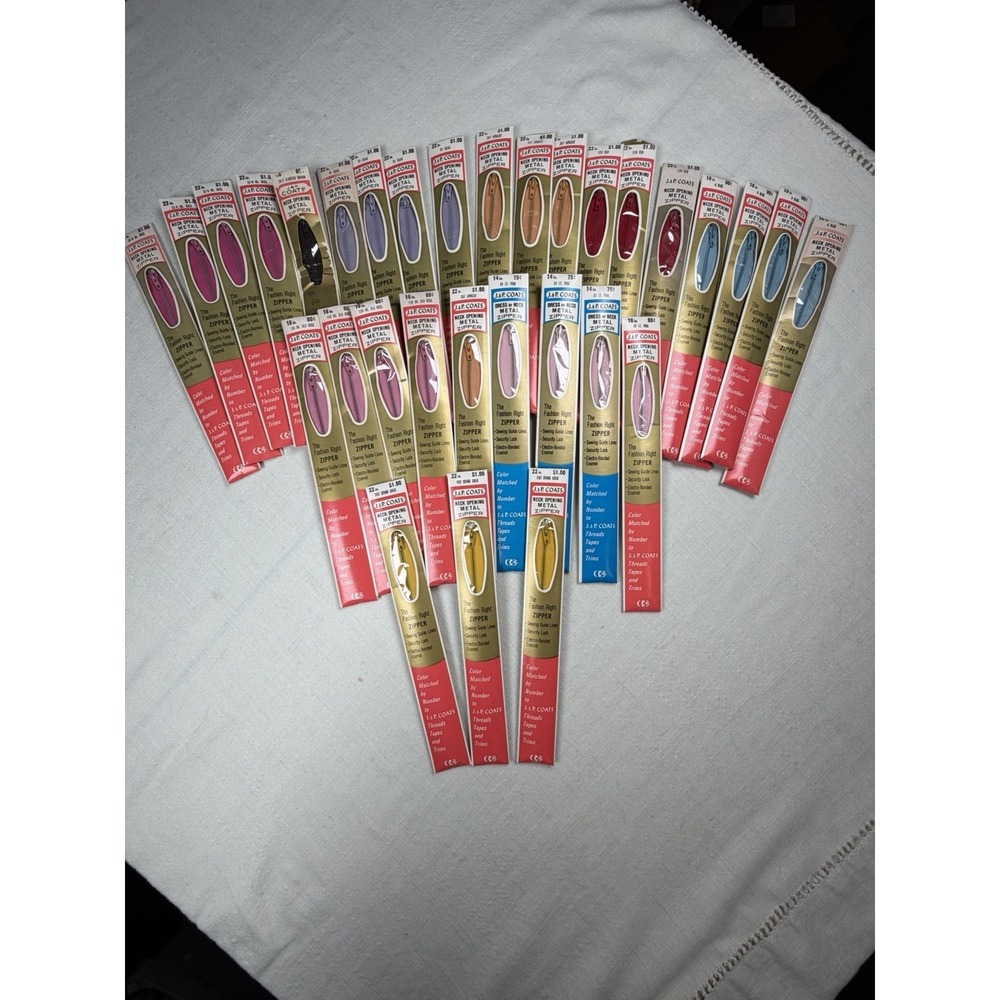 Vintage J&P Coats Metal Zippers Lot of 31 Mixed Colors Lengths NOS Sewing